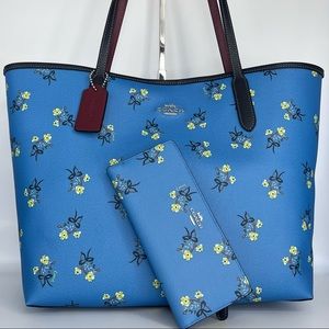 ‼️FINAL PRICE‼️Coach City Tote & Slim Wallet Set Floral Bow Print Blue Silver